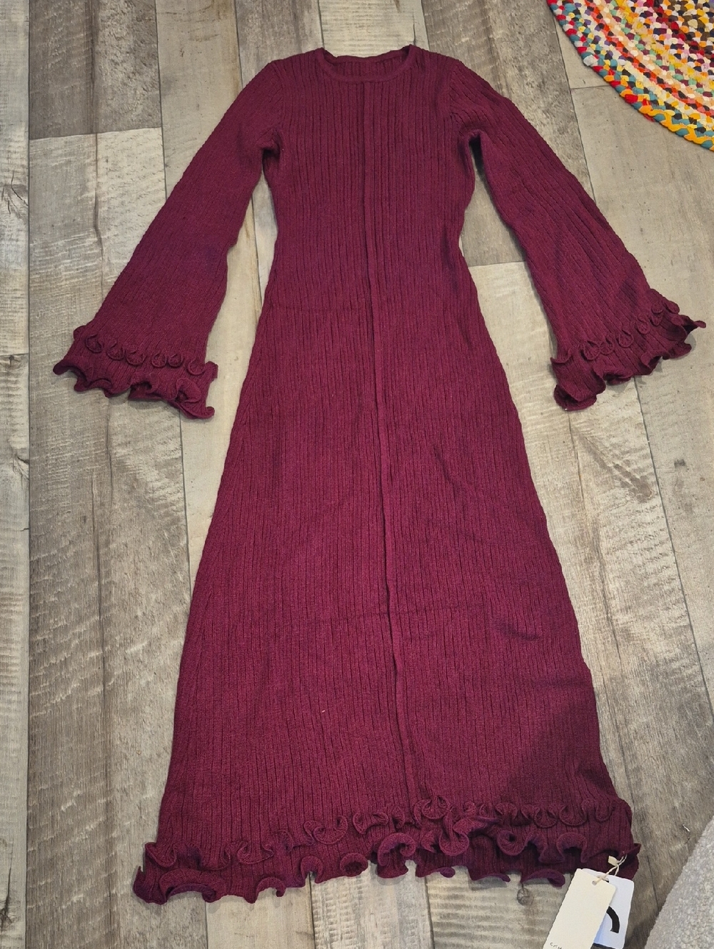 Commense Knit Maxi Dress Ruffle Sleeves Piping Drawstring Trim Semi Sheer S NWT - Picture 6 of 11